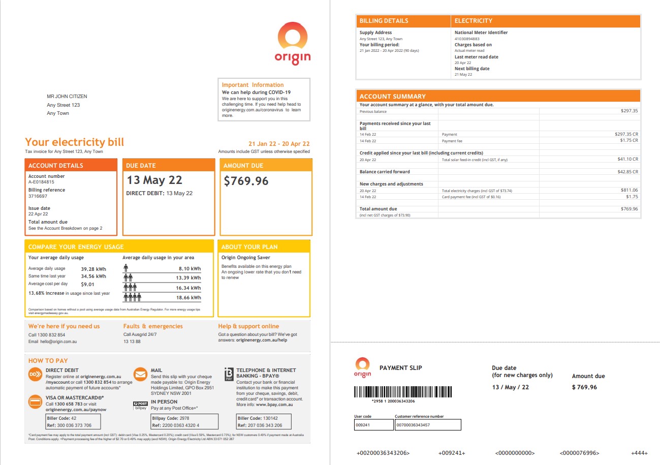 Australia Origin utility bill, Word and PDF template, 4 pages 1 2